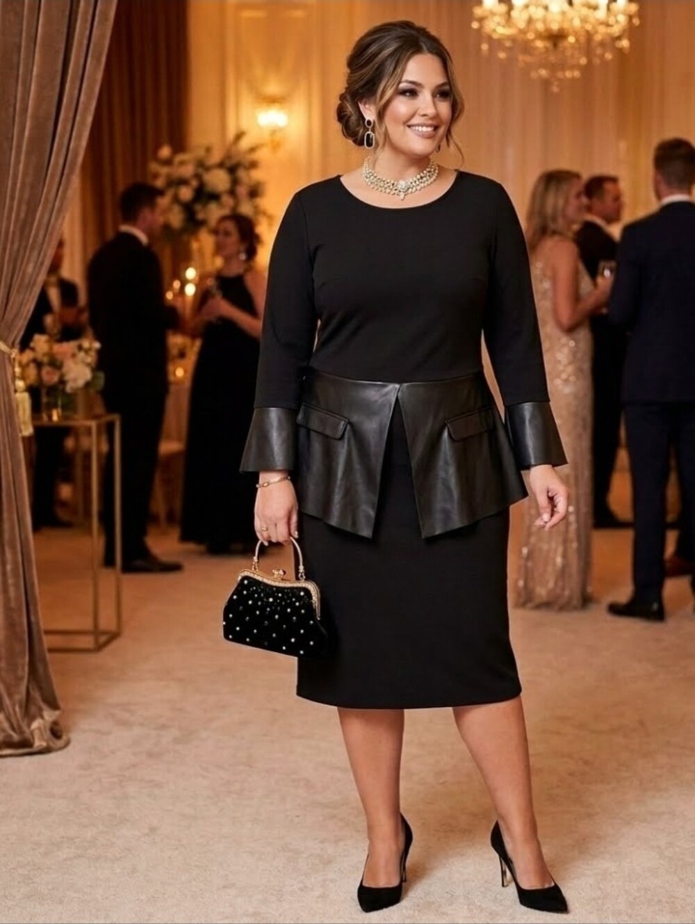 Elegant ASHLEY STEWART. Black Dress with Faux Leather Accents
